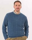 Mens Denim Blue Shetland Cable Crew Neck Jumper