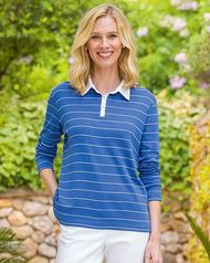 Sarah Sapphire Striped Long Sleeve Cotton Polo Top