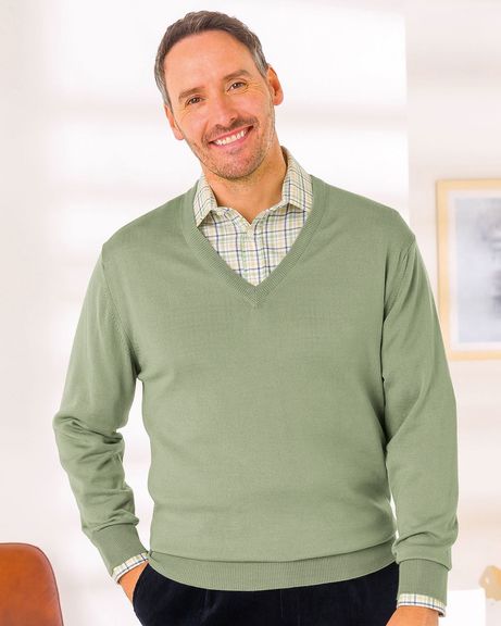 Mens Sage Green Merino V Neck Sweater