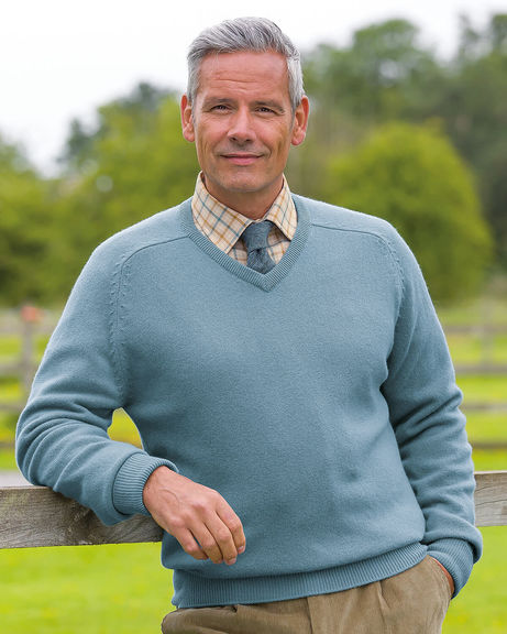 Mens Lambswool V Neck Storm Blue Sweater 