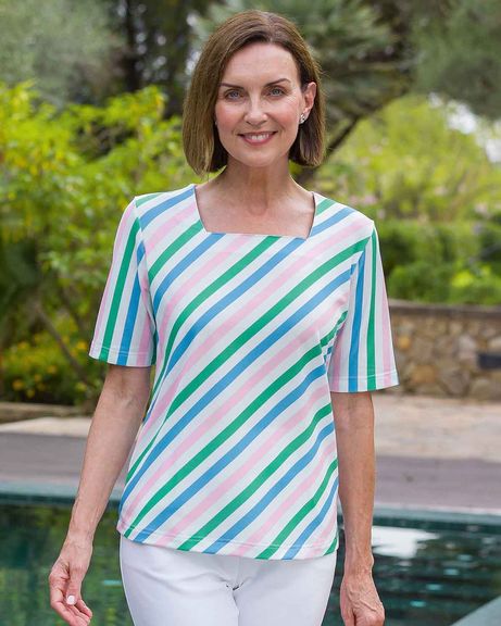 Jardino Muli-coloured Striped Square Neck T-shirt